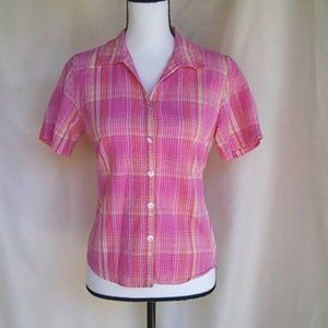 Erika Pink and Yellow Plaid Seersucker Button Down Casual Shirt